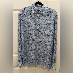 NODUS men’s Aqua,blue paisley long sleeve button shirt. Large 100% linen